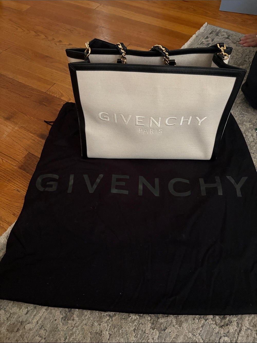 Givenchy Black & White Canvas Logo Tote with Chain Handles